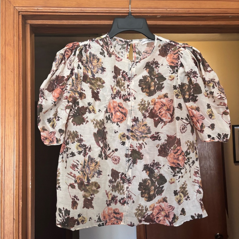Ulla Johnson Floral Puff Sleeve Blouse - Cream and Brown